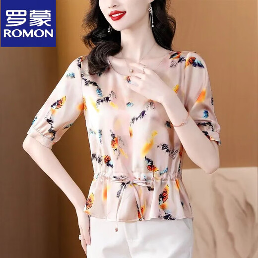 Romon Silk Shirt para mujeres en un nuevo estilo de verano de manga corta, camiseta de camiseta de seda de mulberry de manilla de manga corta que reduce la edad.