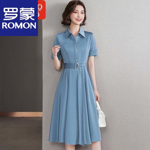 罗蒙（ROMON）高端缎面真丝连衣裙中长款女2025夏季款时尚收腰显瘦翻领衬衫裙 蓝灰色 L 105-115斤