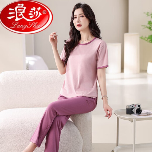 浪莎睡衣女夏季纯棉短袖薄款2025年新款夏天休闲全棉可外穿长裤家居服 7374豆绿 M80-100斤 均码