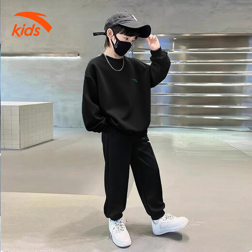 Anta children's fleece sweatshirt for men and women, middle and large children 25 autumn and winter new style youth loose cotton skin-friendly long-sleeved top black early autumn hot sale 160 cm