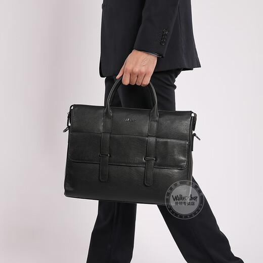 Walker Shop men's briefcase [selected first layer cowhide] 2025 new large-capacity briefcase business handbag black (height 28*width 38*thickness 7cm) 14 inches