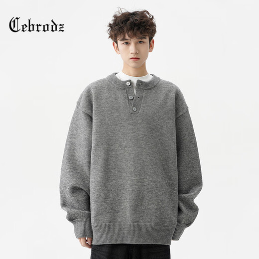 Cebrodz French sweater men's autumn and winter new fashion brand American Henry collar sweater casual tops couple jacket dark gray L