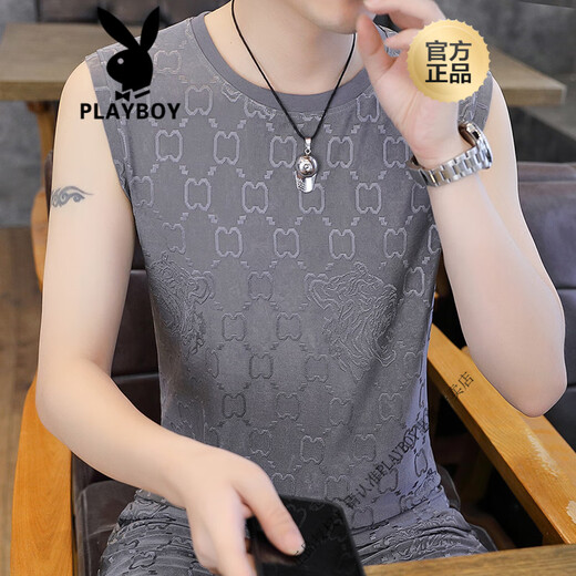 花花公子（PLAYBOY）2025夏季新款男士冰丝提花背心加肥加大码速干无痕无袖T恤衫 【单件上衣】Q6629卡其 XL 130-150斤