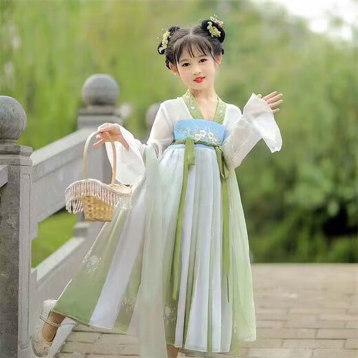 【1369人收藏】汉服女童2025儿童古装中国风超仙唐装古风公主女孩 夏幽长袖（送披帛+赠品 120