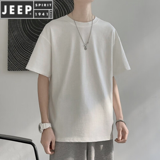 JEEP SPIRIT潮流美式短袖T恤男夏季纯棉圆领百搭休闲2025新款潮牌宽松港风T恤 白色-1365短袖-棉 S 【建议80-110斤】