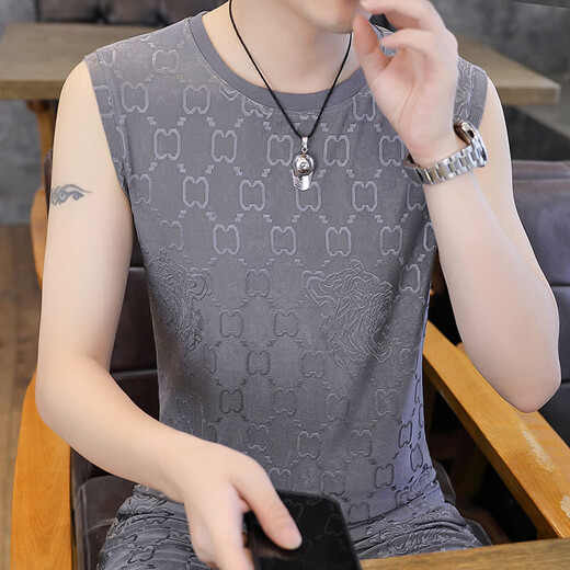 VNLDL2025夏季新款男士冰丝提花背心加肥加大码速干无痕无袖T恤衫 【单件上衣】Q6629灰色 M 90-115斤