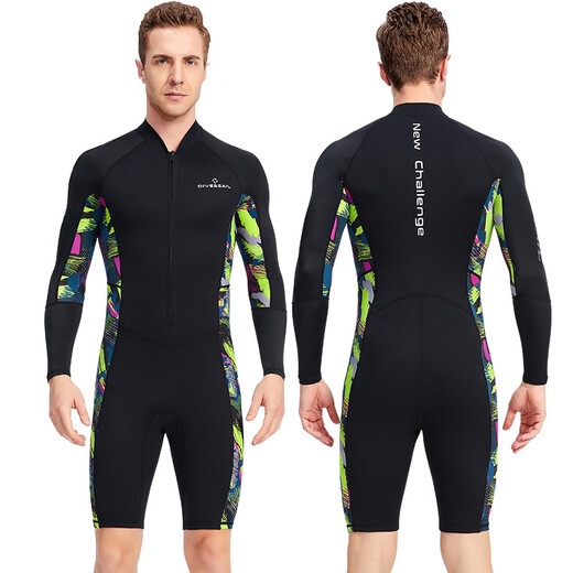 New 1.5MM wetsuit long-sleeved shorts one-piece warm wetsuit men's snorkeling surfing Lycra sunbathing suit men's black M