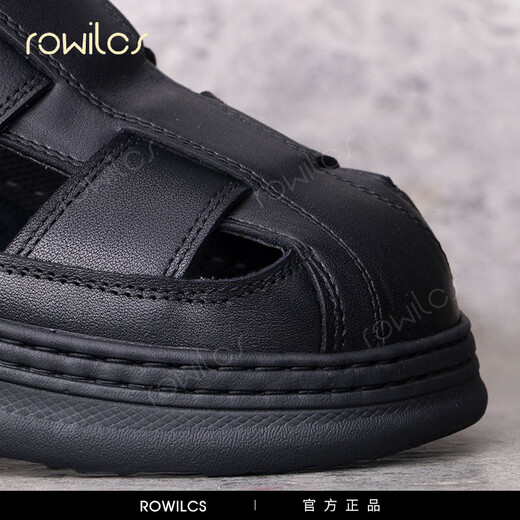 Rowilcs Marke Sandals Herren Sommer Neue hohle Lederschuhe für Männer dicker Sohle nicht rutscher Kopf atmungsaktives lässiges Lochschuhe Leichtes Schwarz 39