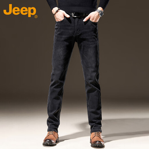 JEEP jeans men's autumn and winter high-end straight casual elastic thickened long pants for men black gray 32