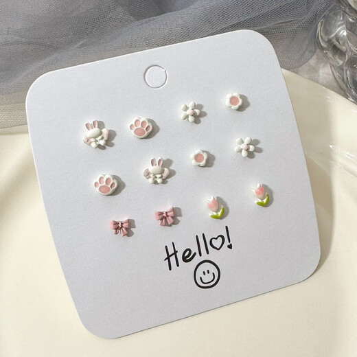 YKINCASL Old Phoenix Cute Animal 9999 Sterling Silver Earrings Anti-fall Student Sweet and Cute Baby Earrings Set Bunny Tulip Set 6 Pairs Lao Fengxiang Same Style