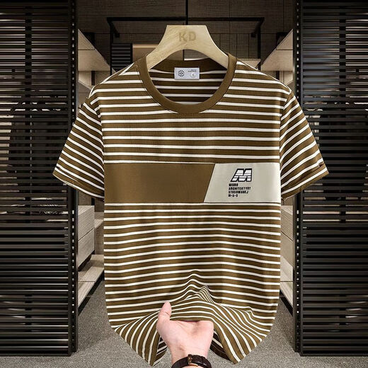 
Commander Bear 2025 short-sleeved T-shirt trendy striped men's versatile top white breathable sweat-absorbing cotton 9898 M