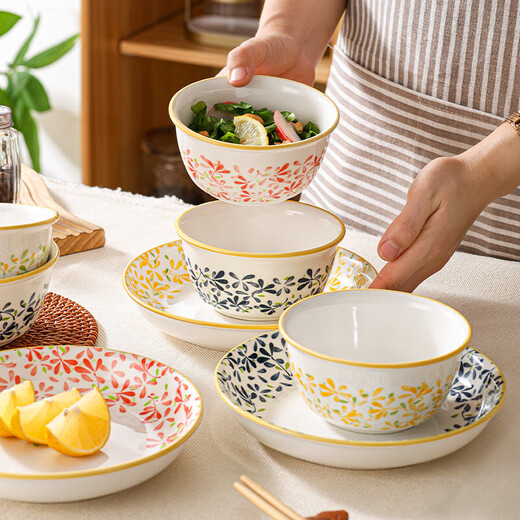 Four seasons prosperous bamboo hat bowl household ceramic eating underglaze color rice bowl set prosperous 4.5 inch bowl 4 pieces 4 colors