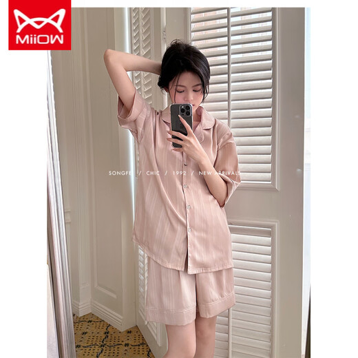 猫人 MIIOW睡衣女夏天冰丝绸凉感短袖短裤套装甜美条纹夏季春秋款女士家居服 花色 #YX-9201 L 【99-115】斤