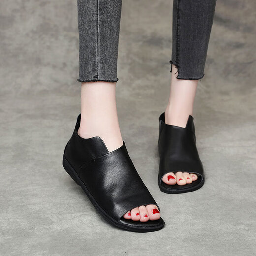Sandales en bouche de poisson rouges de libellule pour femmes 2025 Été réel cuir doux rétro maman décontractée sandales en cuir plate glissade chaussures de plage romaine marron 35