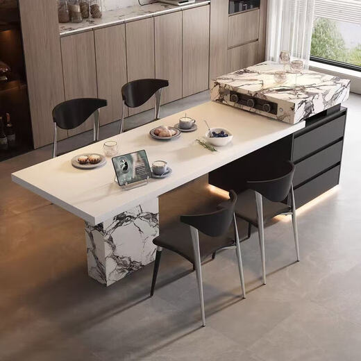 Shunmujia Italian style minimalist high-end slate island integrated dining table and chairs retractable light luxury large apartment kitchen island table island dining table + flat style 5cm hanging slate table top 1.6 meters tabletop