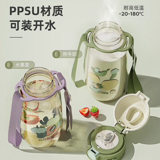 PPSU儿童水杯子吸管婴儿宝宝幼儿园水壶学饮杯喝水奶瓶夏季耐高温 雾霾蓝550ML【PPSU+吸管+背带】
