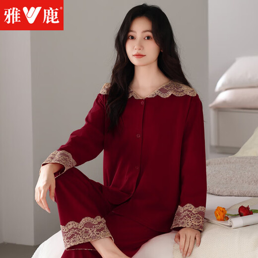 Yalu-Pyjamas für Frauen im Frühjahr und Herbst reines Baumwoll-Langarm-Spitze Großgröße Loses Jahr des Zodiac Red Snake Year Home Clothing Set 4885 WEIN ROT M 80-100JIN [Jin ist 0,5 kg]