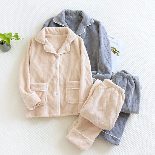 Einfarbiger Flanell-Pyjama von Red Bean für Damen, langärmelig, Herbst und Winter, warmes, samtiges und verdicktes Paar-Hauskleidungsset, Herrenblau M