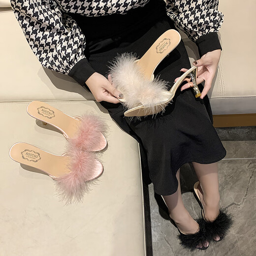 Schwebender Sommer kann hohe Pantoffelschuhe für Frauen mit dünnem Pelzsandalen Sandalen vielseitige Fischschuhe sexy Frauenschuhe Flip-Flops Pink 35 tragen