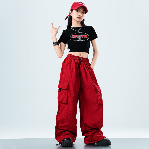 Fairy tale cool children's street dance trend clothing June 1st National Day New Year's Day hip-hop performance clothing Spring and autumn summer boys and girls drums performance clothing A672 black short-sleeved + trousers Women's style 160 size recommended to wear about 155cm in height