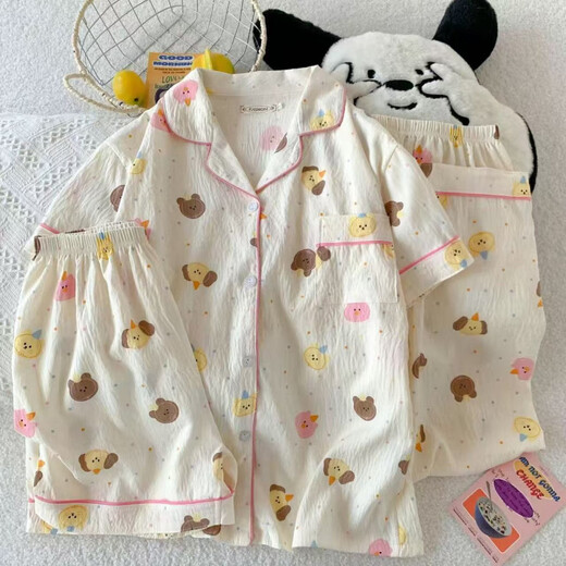 Victoria's style 2025 new pajamas for women in summer cloud cotton teenagers thin short-sleeved trousers for three-piece suit 9922# cloud cotton 3-piece suit M