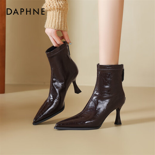 Daphne high-heeled short boots for women with thin heel and temperament autumn single boots 2025 new versatile European and American style ankle boots for women brown 38 (240mm) standard size