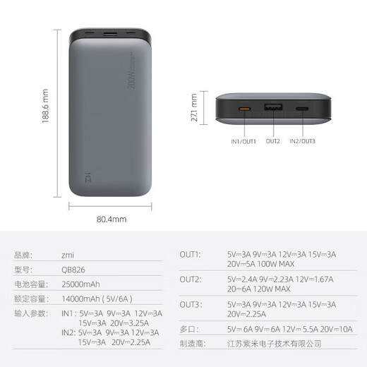 ZMI20号移动电源PD快充Mac笔记本200W安卓25000mAh充电宝120W  25000 ZMI紫米QB826G-20号电源英文版