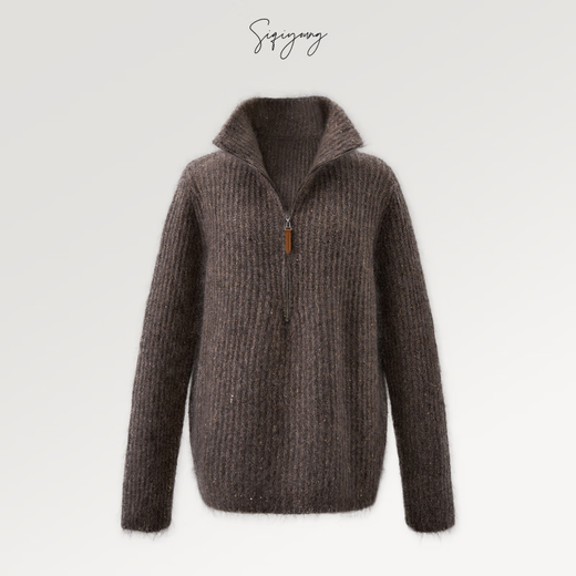 SIQIYOUNG Lazy Weekend-Mohair Blended Gold Chimney Stand Collar Top Simple Retro Zipper Sweater Khaki One Size F