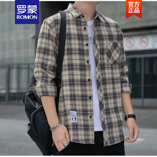 罗蒙（ROMON）格子休闲衬衫男士春秋季长袖衬衣韩式上衣服复古宽松夏季薄款外套 K12111黄蓝色 M 90-110斤