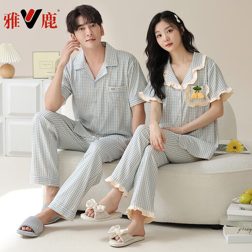 雅鹿情侣睡衣夏季莱卡纯棉短袖长裤卡通时尚高级感翻领男女家居服外穿 6227 M 女
