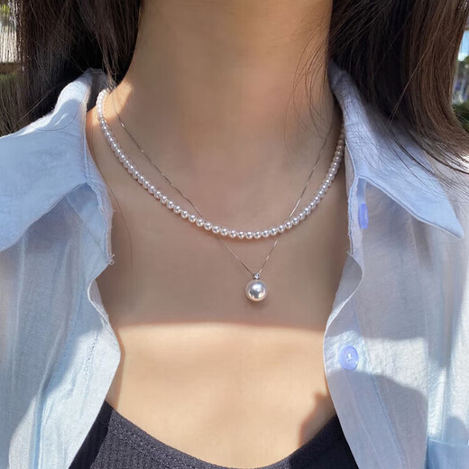 Everlasting Leaf Princess Style Pearl Pendant S925 Silver Princess Diana Style Perfect Round Aurora Natural Freshwater Pearl Necklace for Women Stackable 7-8mm