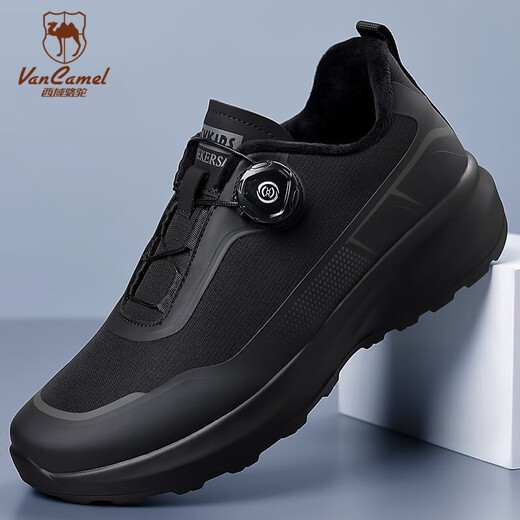 Western Camel (VANCAMEL) outdoor hiking shoes for men 2025 winter new rotating button plus velvet shoes thick sole cushioning hiking sports shoes for men black custom plus velvet model 42 standard leather shoe size