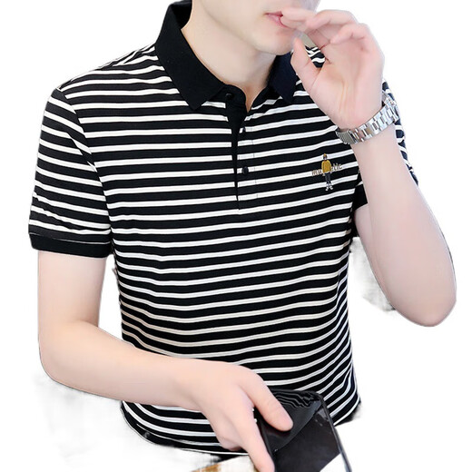 Hagan gestreiftes Polohemd Herren kurzärmeliges Polo-Hemd koreanische Stil Slim Ice Seidenhemd Sommer Trendy Brand Casual Sticked Shirt 6626 Grey XL (120135Jin [Jin Equals Equals Equals])