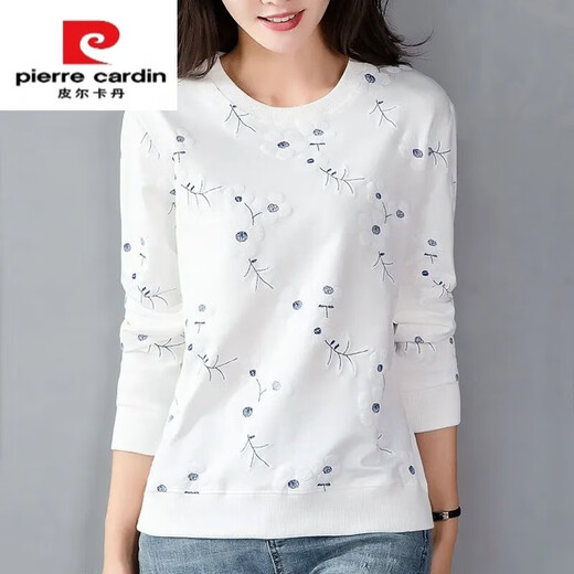 皮尔卡丹（pierre cardin）纯棉长袖T恤女秋冬薄款白色印花上衣女士宽松中年大码显瘦外套 E9227羽毛 M 【建议80-95斤】