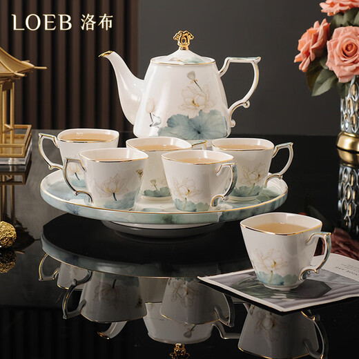LOEB bone china rotatable water set tea set teapot tea cup set opening housewarming gift light luxury high-end gift box gift bone china ink leaf white lotus set-gift box