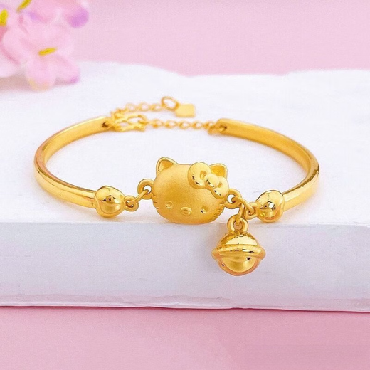 Yage Gold Hello Kitty Bracelet 999 Gold KT Cat Bell Bracelet Adjustable Half Bracelet for Girlfriend KT Cat 5.16g