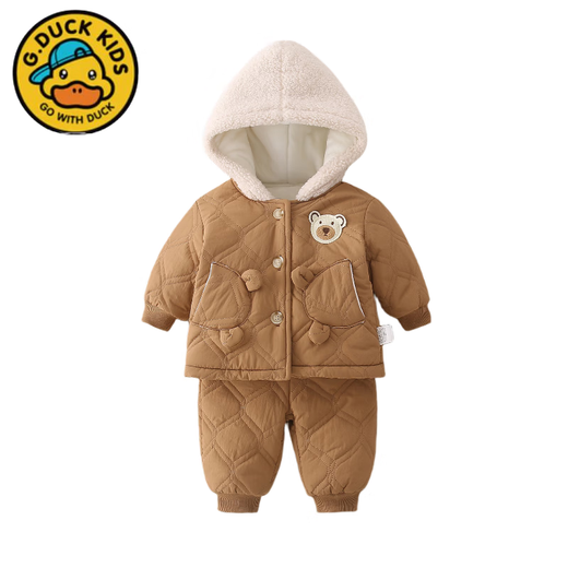 G.duck Little Yellow Duck Infant and Toddler Cotton Clothes Set Winter Bear Hooded Warm and Velvet Cotton Clothes and Pants Casual Two-piece Set Beige Hot Sale Velvet and Cotton Suit with Refund Guaranteed 100 cm
