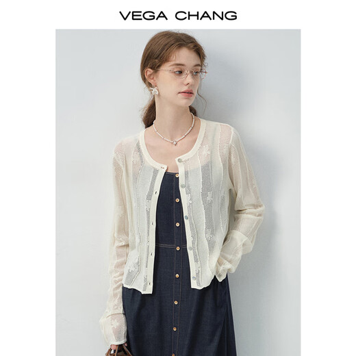 VEGA CHANG毛针织衫女2025新款夏季轻薄短款镂空蕾丝拼接开衫外套 米白色 L