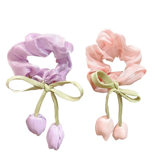 Garenbei's new spring-flavored shimmering tulip bow large intestine hair tie for girls, sweet and western style flower tassel hair tie, one pink + purple tulip hair tie