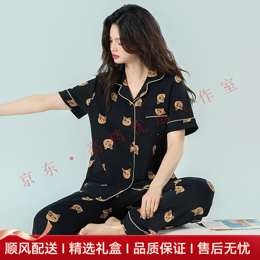 CA BRIDA轻奢品牌女士睡衣女夏季纯棉短袖长裤可爱卡通小猫家居服开衫套装 6227 M