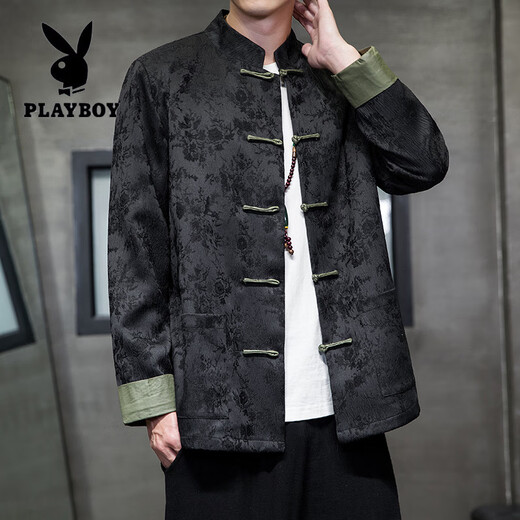 花花公子（PLAYBOY）新中式唐装男中国风秋冬季长袖夹克复古盘扣汉服宽松大码男士外套 Y756黑色 M 100-120斤