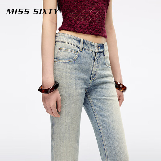 
MISS SIXTY2025 Autumn New Jeans Women's Embroidered Mid-waist Retro Washing Micro-Flared Trousers Gray Blue Short Version 23
