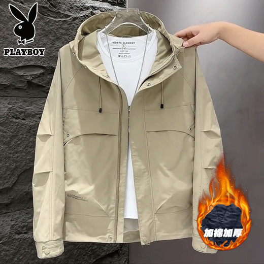 Playboy Spring and Autumn 2025 New Men's Jacket Workwear Hooded Loose Autumn and Winter Velvet Jacket Casual Top Black L Recommended weight 120-135 Jin Jin equals 0.5 kg