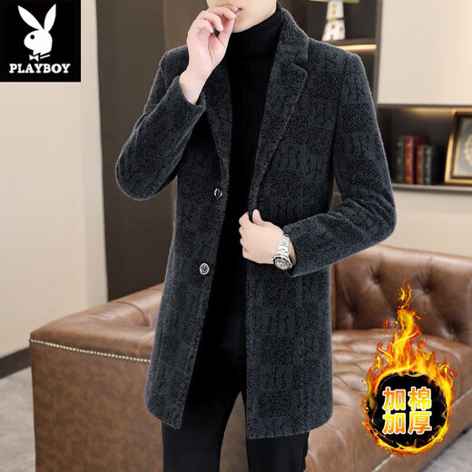 Playboy (PLAYBOY) mid-length woolen coat men's autumn and winter cotton thickened suit collar woolen windbreaker high-end gold mink velvet coat 730 black sense/counter quality 3XL 145-160Jin Jin is equal to 0.5 kg can be worn