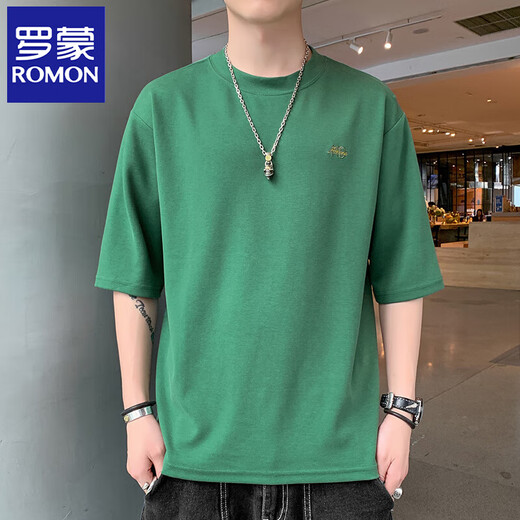 ROMON round neck short-sleeved T-shirt for men 2025 summer new loose version letter embroidered quarter-sleeved top for men QD659 burgundy M [90-120Jin [Jin equals 0.5 kg]]