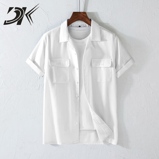 DK Light Luxury Herren-Leinen kurzärmeliges Hemd Herren Retro Revers Workwear atmungsaktiv dünner Sommer Baumwollwäsche vielseitiges Hemd weiß XL