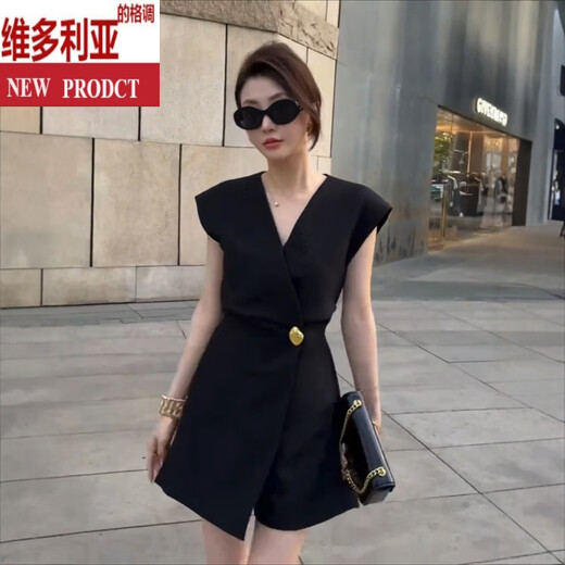 Victorias Stil Europäischer Stil Schwarzer V-Ausschnitt-Anzug Jumpsuit 2025 Sommermodier und modisches Design-Overalls Black S (Empfohlen 85-100jin [Jin gleich 0,5 kg]))