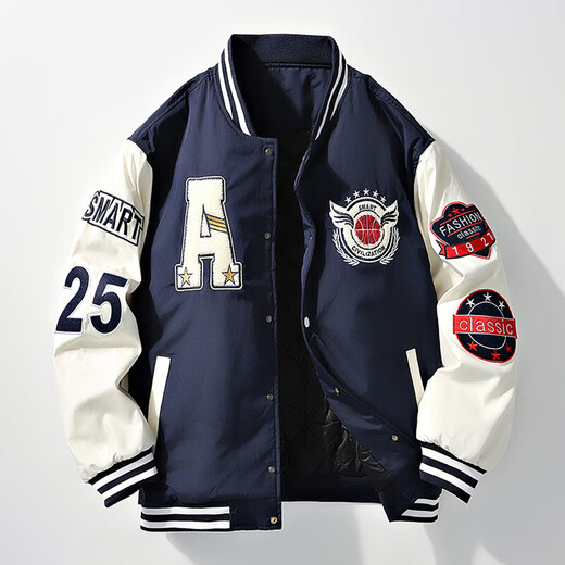 Baseball uniform jacket for men in winter with cotton and thick embroidery, loose, trendy and handsome, Korean version for teenagers, men's jacket, American style, navy blue, XL size 140-160Jin Jin is equal to 0.5 kg