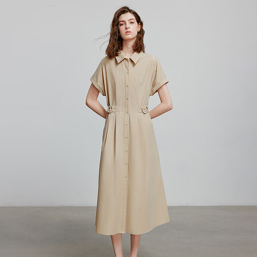 Erste Wörter cooler Laiber-Baumwoll-Hemdrock für Frauen 2025 Sommer Neuer Pendlerstil Schnürpreis-Hülle Kleid warme Aprikosenfarbe m