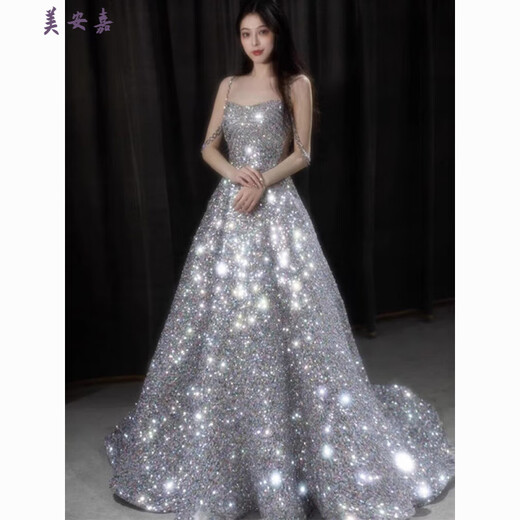 Mei'anjia Starry Sky Sequin Evening Dress Feeling Light Luxury Temperament Annual Meeting Host Engagement Wedding Wedding Toast Clothes Bride Silver Sequin S